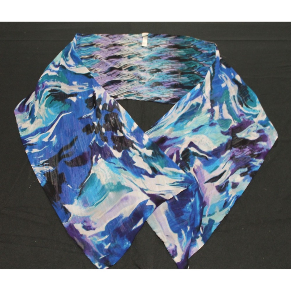 Chico's 100% Silk Scarf Blue Purple Teal Abstract Wave Print Long 12x72 RN79984